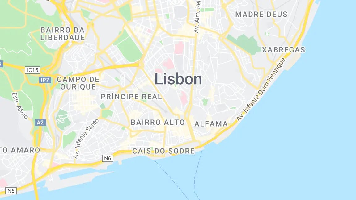A map of Lisbon with a blue current location indicator dot in the center.